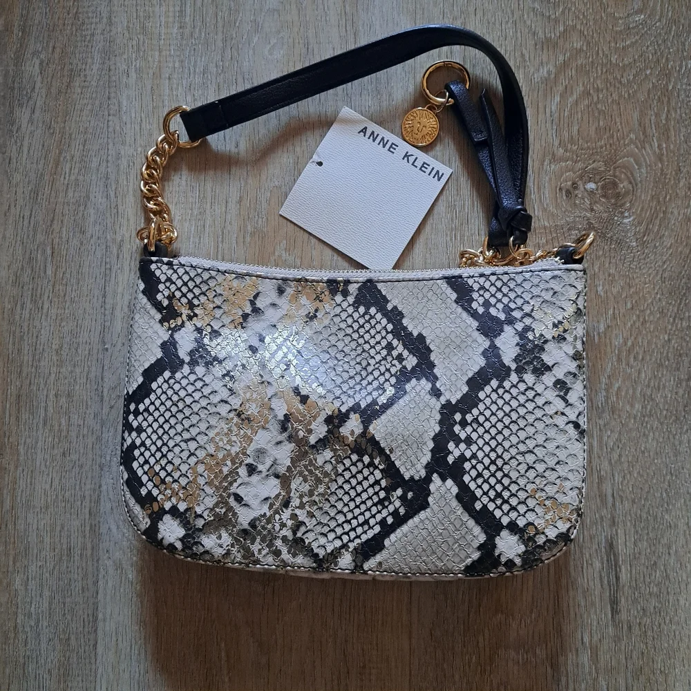 Anne Klein Python Metallic Faux Leather Link Chain Mini Snake Print Bag Purse